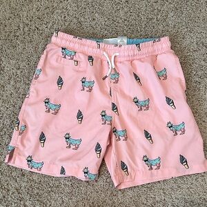 Boys Pink Swim Trunks with Ice Cream and Goat Print